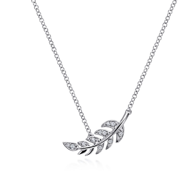 Floral - 14K White Gold Diamond Leaf Pendant Necklace - 0.05 ct - Shot 1