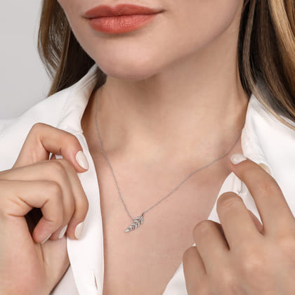 Floral - 14K White Gold Diamond Leaf Pendant Necklace