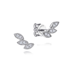 Floral - 14K White Gold Diamond Leaf Shape Stud Earrings