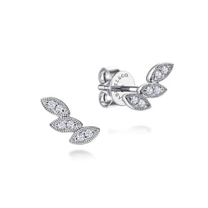 Floral - 14K White Gold Diamond Leaf Shape Stud Earrings