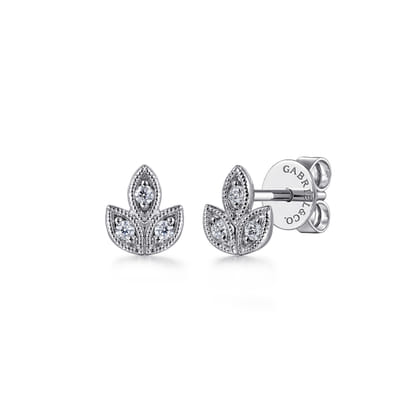 Floral - 14K White Gold Diamond Leaf Shape Stud Earrings