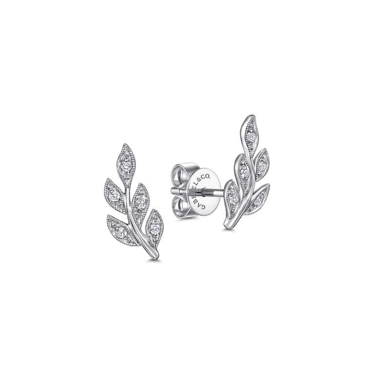 Floral - 14K White Gold Diamond Leaf Stud Earrings - 0.08 ct - Shot 1
