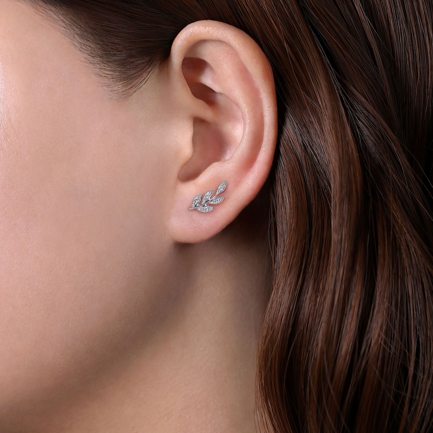 Floral - 14K White Gold Diamond Leaf Stud Earrings - 0.08 ct - Shot 2