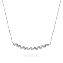 Floral - 14K White Gold Diamond Pave Curved Bar Leaf Necklace