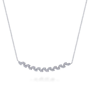 Floral - 14K White Gold Diamond Pave Curved Bar Leaf Necklace