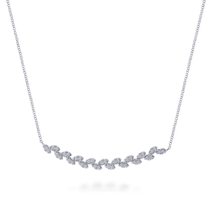 Floral - 14K White Gold Diamond Pave Curved Bar Leaf Necklace