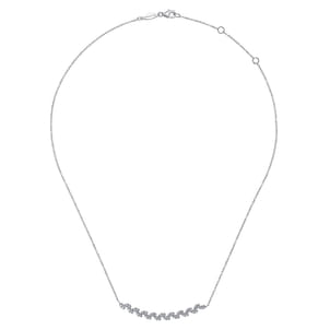 Floral - 14K White Gold Diamond Pave Curved Bar Leaf Necklace