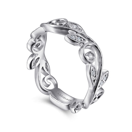 Floral - 14K White Gold Diamond Stackable Ring