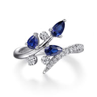 Floral - 14K White Gold Diamond and Blue Sapphire Bypass Floral Ring