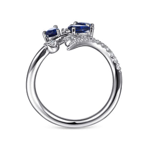 Floral - 14K White Gold Diamond and Blue Sapphire Bypass Floral Ring