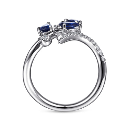 Floral - 14K White Gold Diamond and Blue Sapphire Bypass Floral Ring