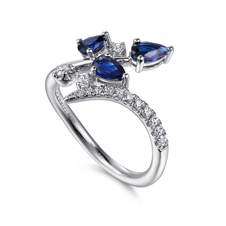 Floral - 14K White Gold Diamond and Blue Sapphire Bypass Floral Ring - 0.2 ct - Shot 3