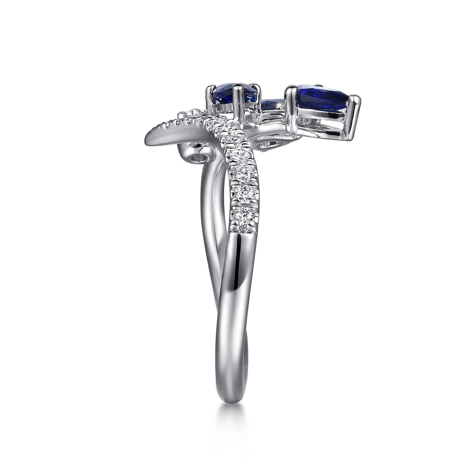 Floral - 14K White Gold Diamond and Blue Sapphire Bypass Floral Ring