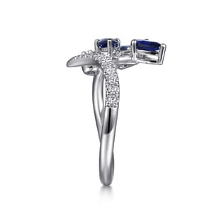 Floral - 14K White Gold Diamond and Blue Sapphire Bypass Floral Ring