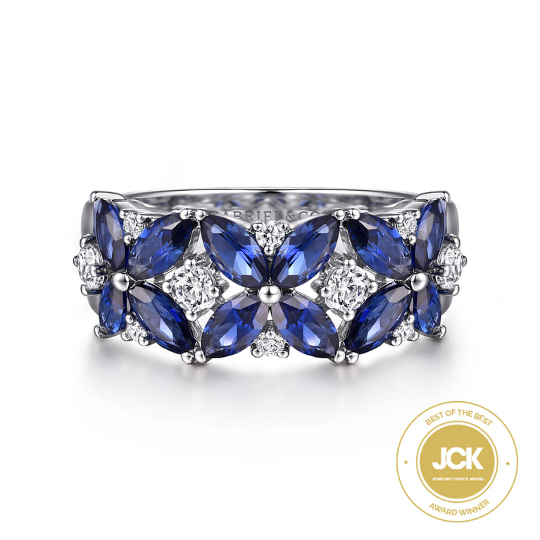 Floral - 14K White Gold Diamond and Blue Sapphire Floral Wide Band Ring - 0.35 ct - Shot 1