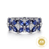 Floral - 14K White Gold Diamond and Blue Sapphire Floral Wide Band Ring - 0.35 ct