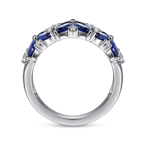 Floral - 14K White Gold Diamond and Blue Sapphire Floral Wide Band Ring