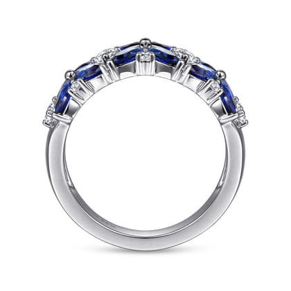 Floral - 14K White Gold Diamond and Blue Sapphire Floral Wide Band Ring