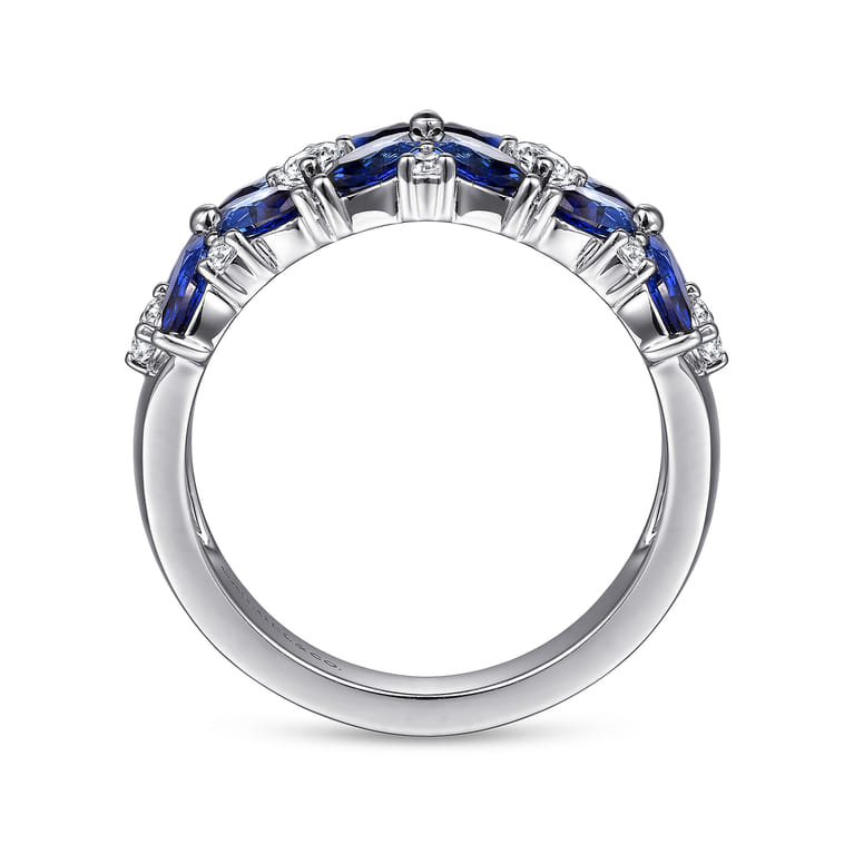 Floral - 14K White Gold Diamond and Blue Sapphire Floral Wide Band Ring - 0.35 ct - Shot 2
