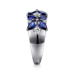 Floral - 14K White Gold Diamond and Blue Sapphire Floral Wide Band Ring
