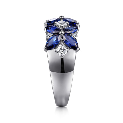 Floral - 14K White Gold Diamond and Blue Sapphire Floral Wide Band Ring