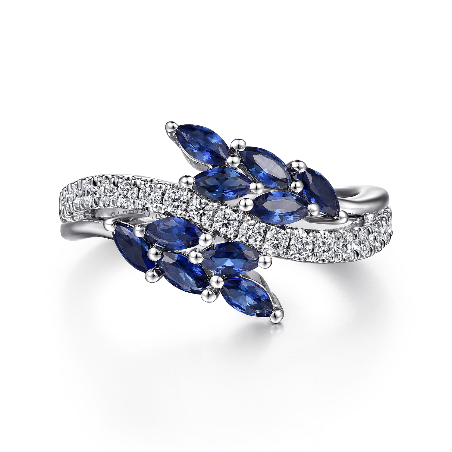 Floral - 14K White Gold Diamond and Blue Sapphire Marquise Floral Ring - 0.25 ct - Shot 1