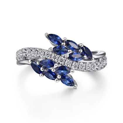 Floral - 14K White Gold Diamond and Blue Sapphire Marquise Floral Ring
