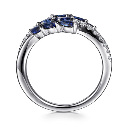 Floral - 14K White Gold Diamond and Blue Sapphire Marquise Floral Ring