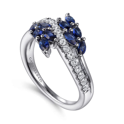 Floral - 14K White Gold Diamond and Blue Sapphire Marquise Floral Ring