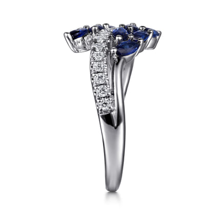 Floral - 14K White Gold Diamond and Blue Sapphire Marquise Floral Ring