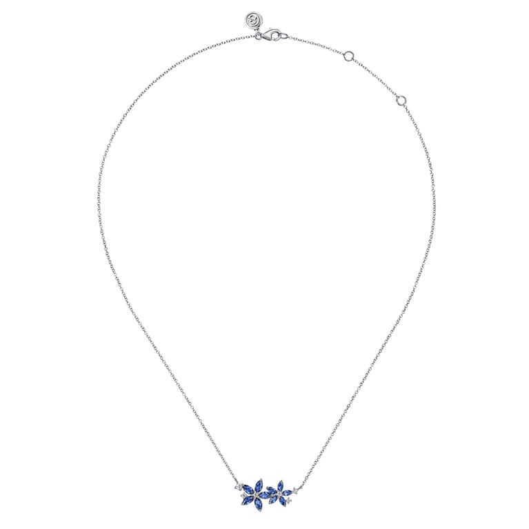 Floral - 14K White Gold Diamond and Marquise Sapphire Floral Pendant Necklace - 0.15 ct - Shot 2