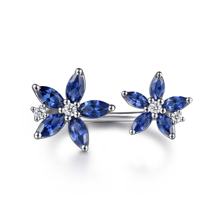Floral - 14K White Gold Diamond and Marquise Sapphire Flower Open Ring - 0.1 ct - Shot 1