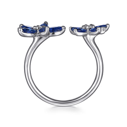 Floral - 14K White Gold Diamond and Marquise Sapphire Flower Open Ring