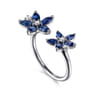 Floral - 14K White Gold Diamond and Marquise Sapphire Flower Open Ring - 0.1 ct