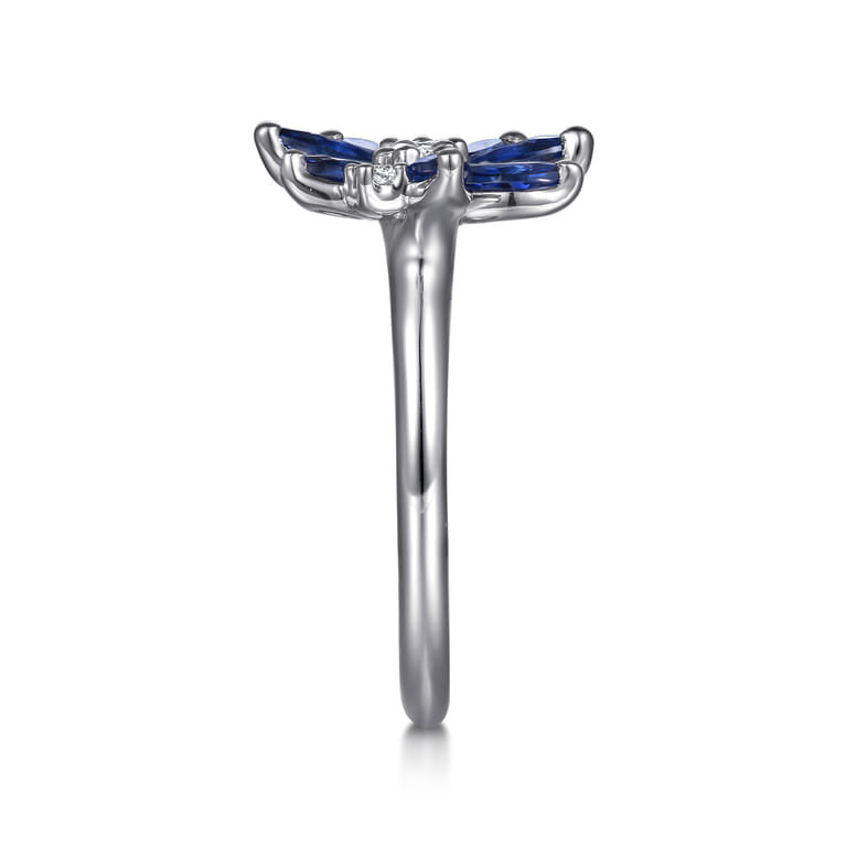 Floral - 14K White Gold Diamond and Marquise Sapphire Flower Open Ring - 0.1 ct - Shot 4