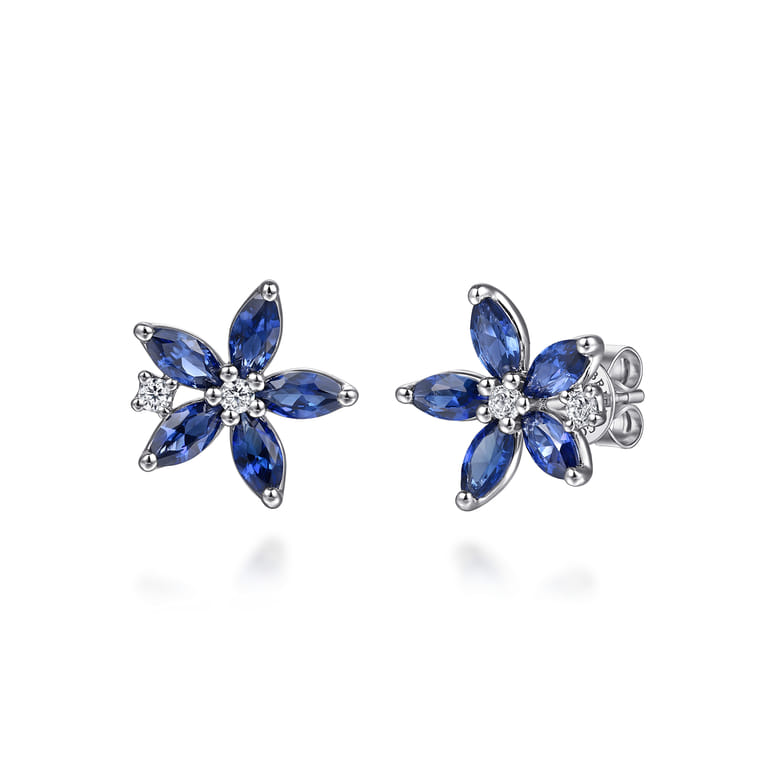 Floral - 14K White Gold Diamond and Marquise Sapphire Flower Stud Earrings - 0.11 ct - Shot 1