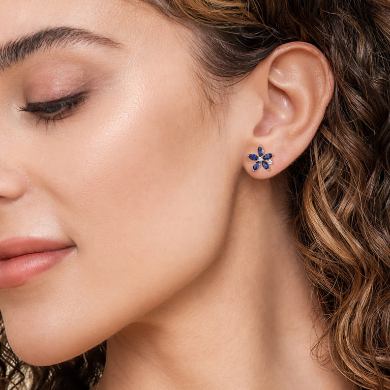 Floral - 14K White Gold Diamond and Marquise Sapphire Flower Stud Earrings - 0.11 ct - Shot 3