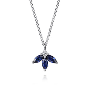 Floral - 14K White Gold Diamond and Sapphire Pendant Necklace