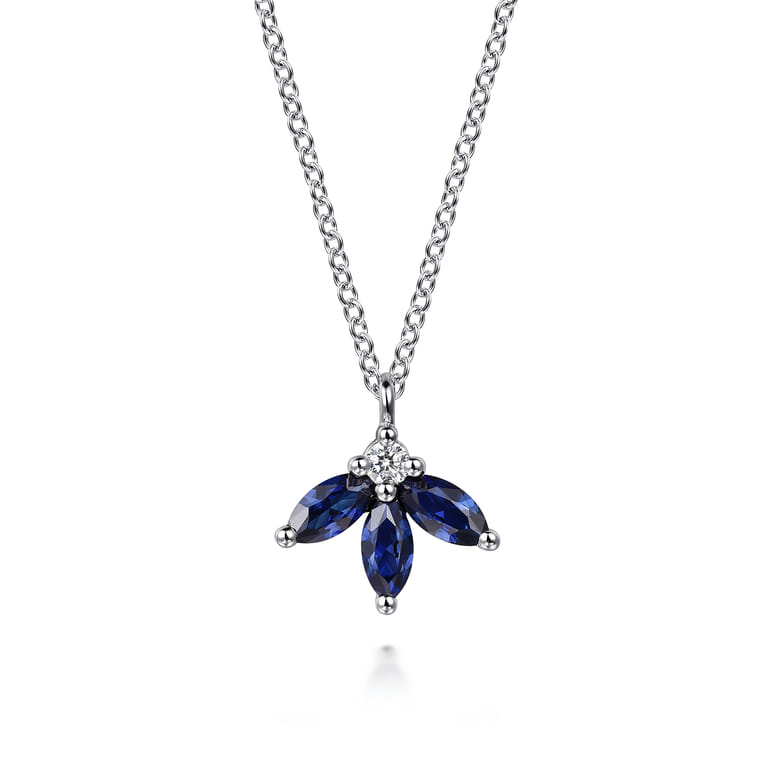 Floral - 14K White Gold Diamond and Sapphire Pendant Necklace - 0.04 ct - Shot 1