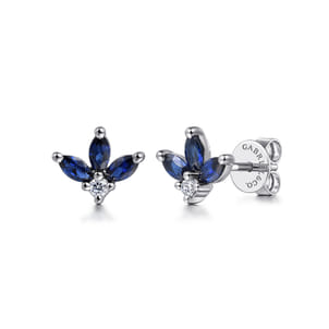 Floral - 14K White Gold Diamond and Sapphire Stud Earrings