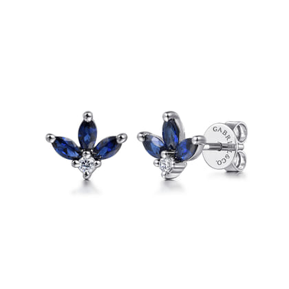 Floral - 14K White Gold Diamond and Sapphire Stud Earrings