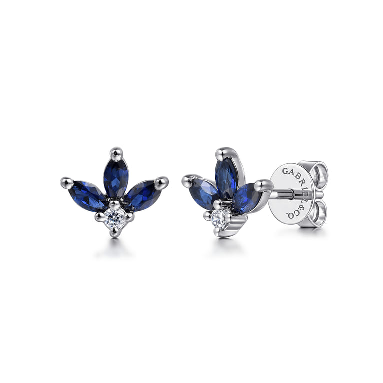 Floral - 14K White Gold Diamond and Sapphire Stud Earrings - 0.05 ct - Shot 1