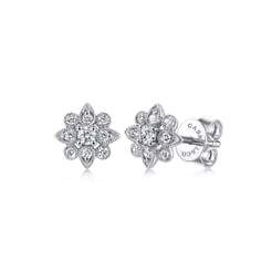 14K White Gold Floral Diamond Stud Earrings