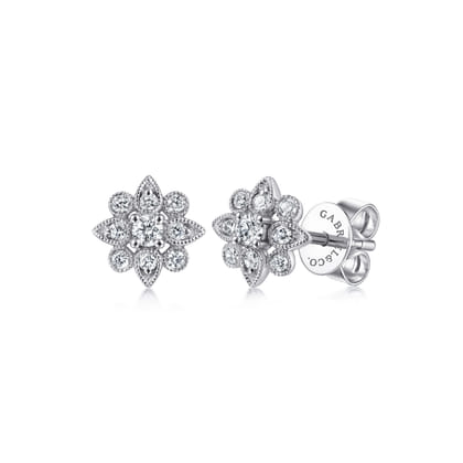 Floral - 14K White Gold Floral Diamond Stud Earrings