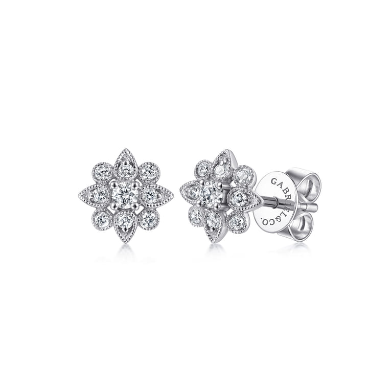Floral - 14K White Gold Floral Diamond Stud Earrings - 0.25 ct - Shot 1