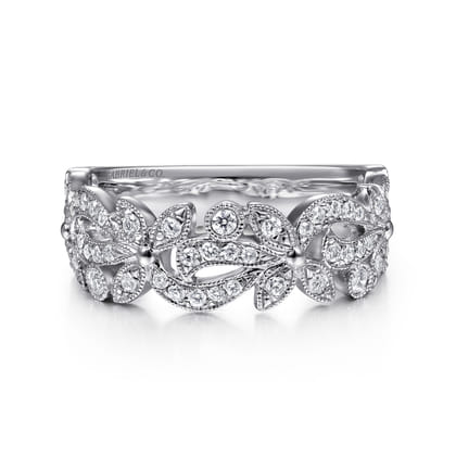 Floral - 14K White Gold Floral Inspired Diamond Stackable Ring