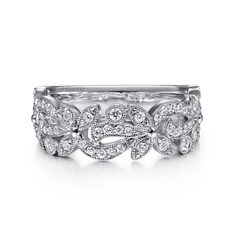 Floral - 14K White Gold Floral Inspired Diamond Stackable Ring - 0.33 ct - Shot 1