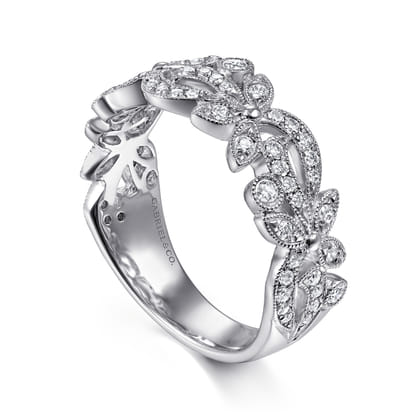 Floral - 14K White Gold Floral Inspired Diamond Stackable Ring