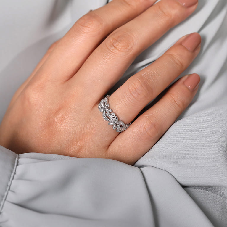 Floral - 14K White Gold Floral Inspired Diamond Stackable Ring - 0.33 ct - Shot 5