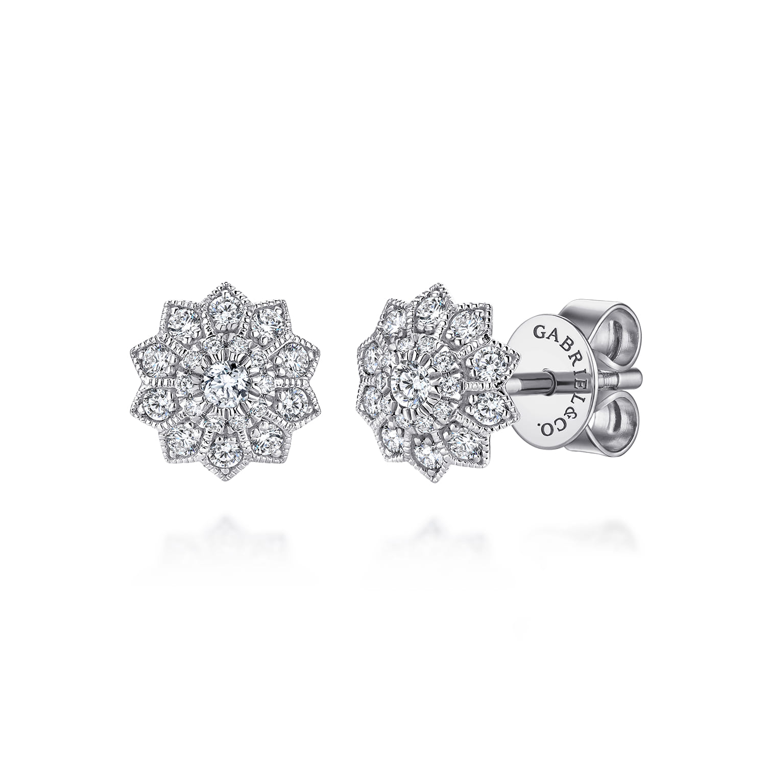 Floral - 14K White Gold Flower Diamond Stud Earrings - 0.38 ct - Shot 1